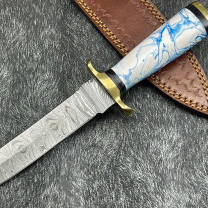 Heritage Forge 11 Inch Handmade Damascus Skinning Knife | Resin and Hardwood Handle Hunting Dagger with Sheath