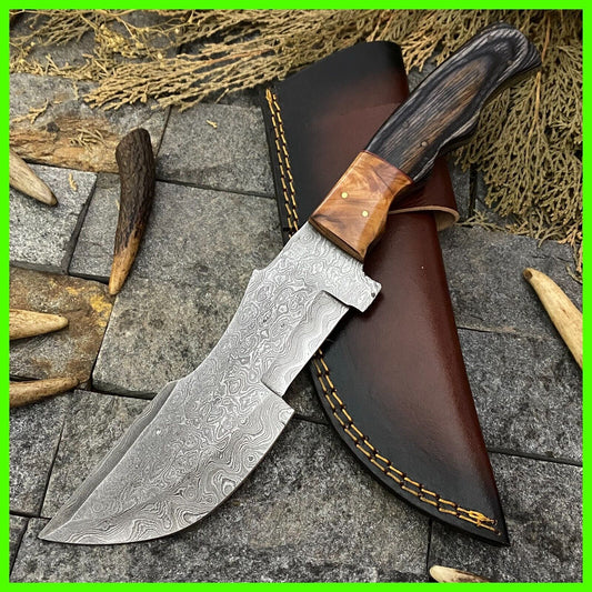 Heritage Forge 11 Inch Handmade Damascus Steel Tracker Hunting Knife with Wooden Handle