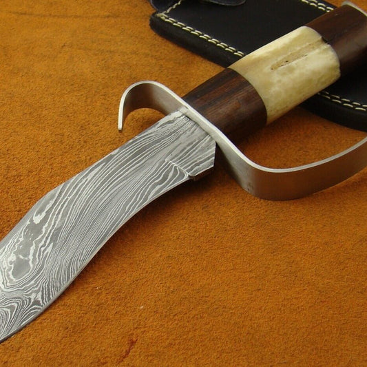 Heritage Forge 12.4" D-Guard Damascus Steel Bowie Knife with Rosewood and Camel Bone Handle