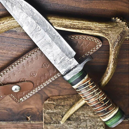 Heritage Forge 12.5" Custom Damascus Steel Bowie Knife with Camel Bone Handle