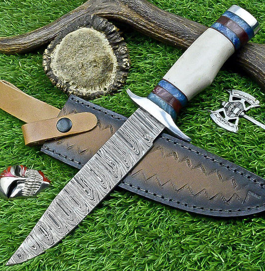 Heritage Forge 12.5 Inch Damascus Steel Bowie Knife with Bone Handle | Hand Forged Hunting Camping Knife