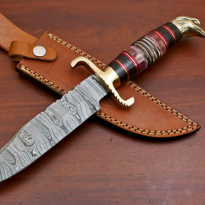 Heritage Forge 12.5 Inch Damascus Steel Bowie Knife with Burnt Camel Bone and Pakka Wood Handle