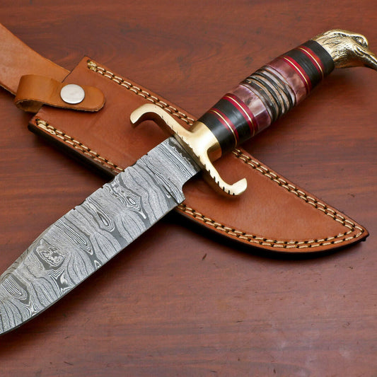 Heritage Forge 12.5 Inch Damascus Steel Bowie Knife with Burnt Camel Bone and Pakka Wood Handle