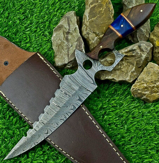 Heritage Forge 12.5 Inch Damascus Steel Hunting Bowie Knife with Camel Bone and Wood Handle