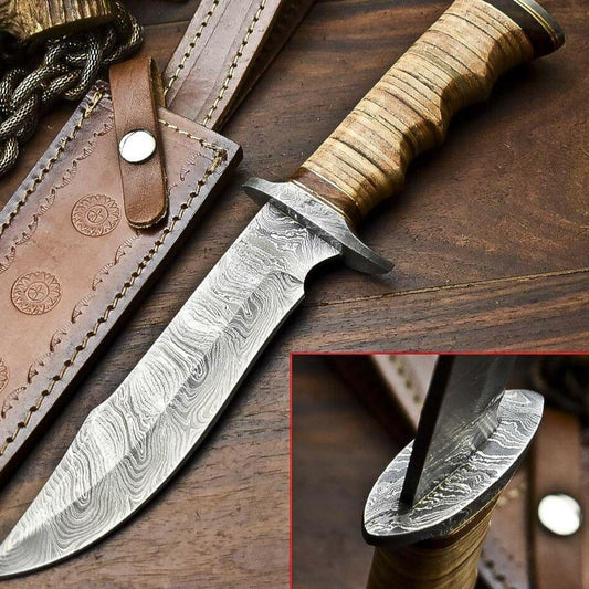 Heritage Forge 12.5 Inch Handmade Damascus Bowie Knife with Stacked Leather Handle