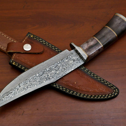 Heritage Forge 12" Custom Damascus Bowie Knife with Stained Camel Bone Handle