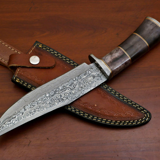 Heritage Forge 12" Custom Damascus Bowie Knife with Stained Camel Bone Handle