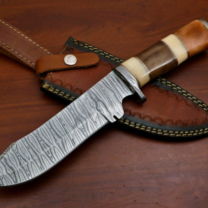 Heritage Forge 12" Damascus Steel Bowie Knife with Stained Camel Bone Handle