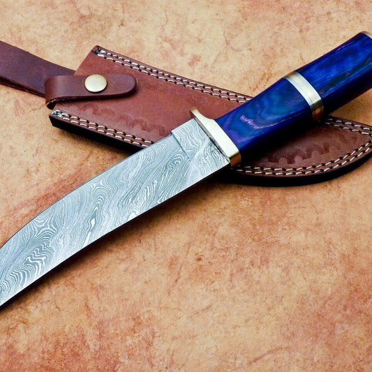 Heritage Forge 12" Damascus Steel Hunting Knife with Hardwood Handle and Leather Sheath