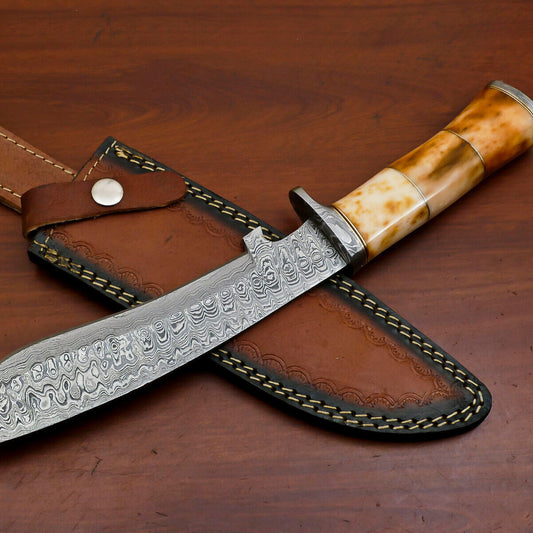 Heritage Forge 12" Damascus Steel Hunting Knife with Stained Camel Bone Handle