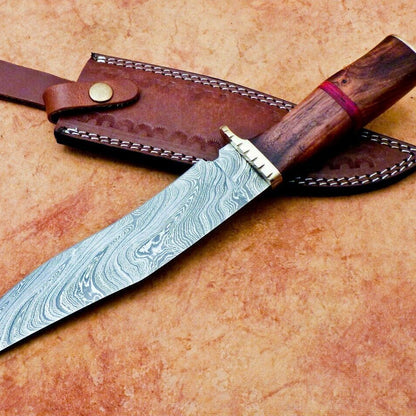 Heritage Forge 12" Handmade Damascus Steel Hunting Knife with Natural Wood Handle and Leather Sheath