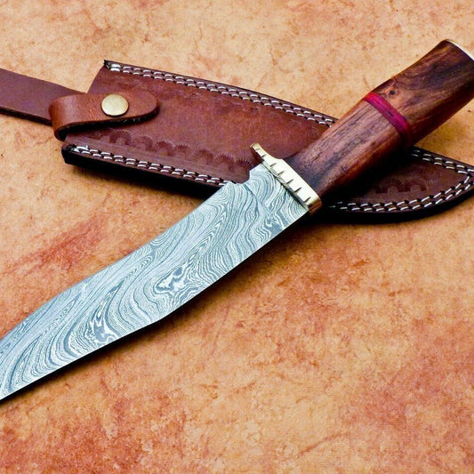 Heritage Forge 12" Handmade Damascus Steel Hunting Knife with Natural Wood Handle and Leather Sheath