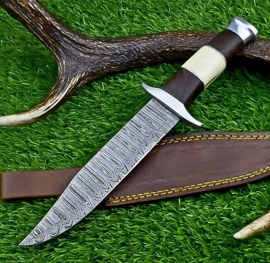 Heritage Forge 12 Inch Camel Bone and Wood Damascus Bowie Knife for Hunting and Camping