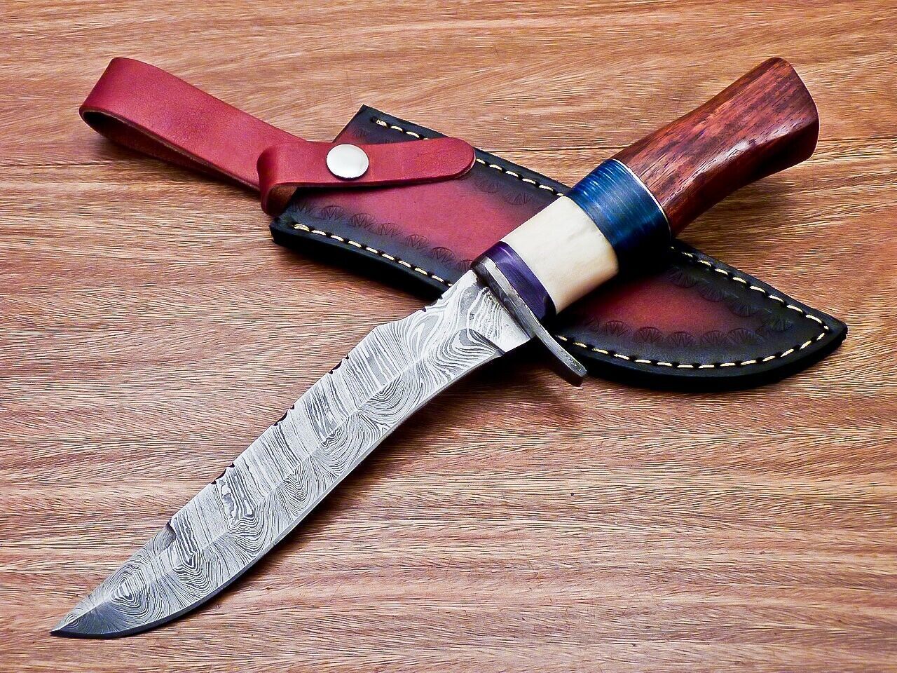 Heritage Forge 12 Inch Custom Handmade Damascus Hunting Bowie Knife with Camel Bone and Wood Handle