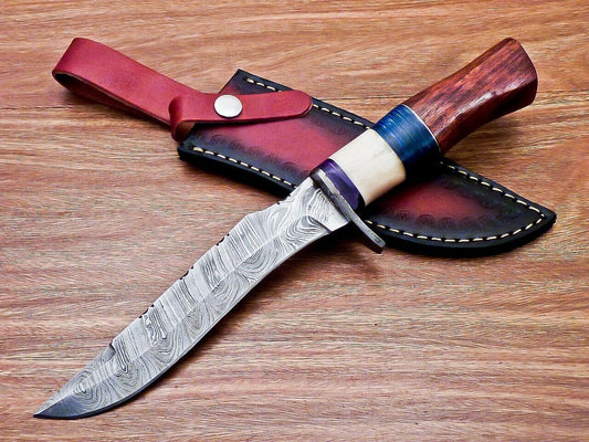 Heritage Forge 12 Inch Custom Handmade Damascus Hunting Bowie Knife with Camel Bone and Wood Handle
