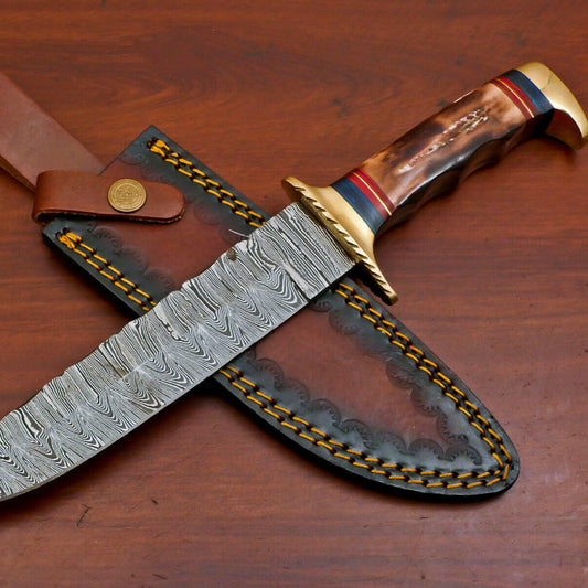Heritage Forge 12 Inch D2 Steel Bowie Hunting Knife with Camel Bone and Pakka Wood Handle