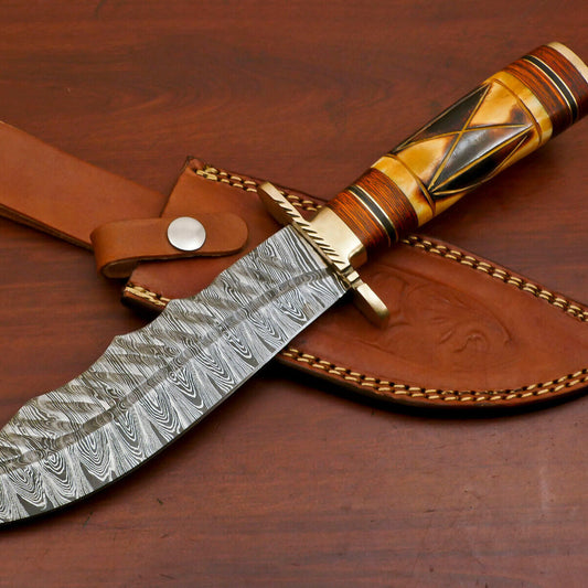 Heritage Forge 12 Inch Damascus Steel Bowie Hunting Knife with Camel Bone and Pakka Wood Handle