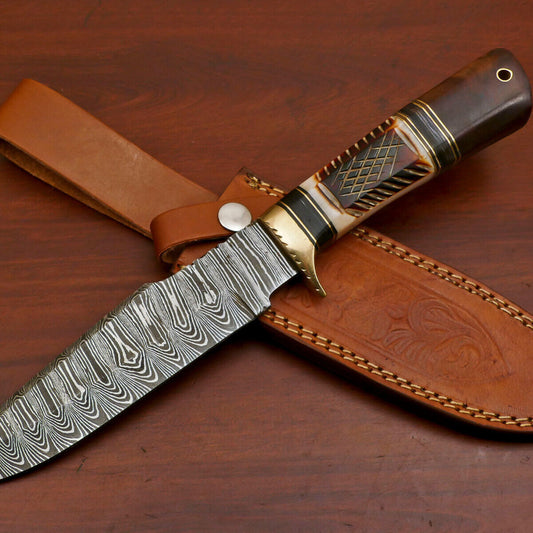 Heritage Forge 12 Inch Damascus Steel Bowie Hunting Knife with Camel Bone and Rose Wood Handle