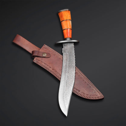Heritage Forge 12 Inch Damascus Steel Bowie Knife with Antler Bone Handle Full Tang Blade for Hunting and Survival