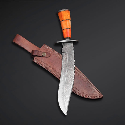 Heritage Forge 12 Inch Damascus Steel Bowie Knife with Antler Bone Handle Full Tang Blade for Hunting and Survival