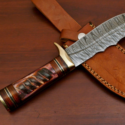 Heritage Forge 12 Inch Damascus Steel Bowie Knife with Camel Bone and Pakka Wood Handle