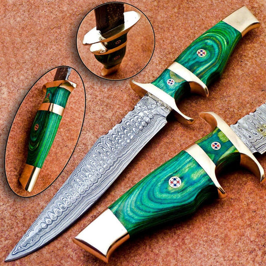 Heritage Forge 12 Inch Damascus Steel Bowie Knife with Hardwood Handle for Camping and Hunting