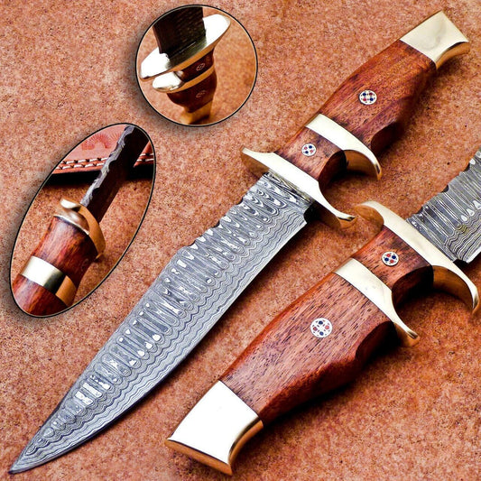 Heritage Forge 12 Inch Damascus Steel Bowie Knife with Natural Wood Handle for Hunting and Camping