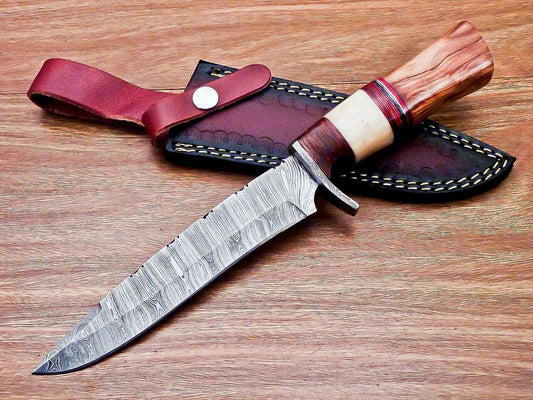 Heritage Forge 12 Inch Damascus Steel Bowie Knife with Olive Wood and Camel Bone Handle
