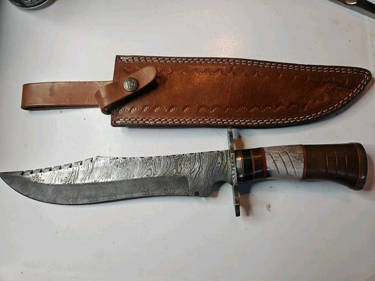 Heritage Forge 12 Inch Damascus Steel Bowie Knife with Wood and Bone Handle and Sheath for Hunting and Camping