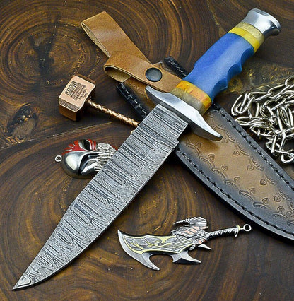 Heritage Forge 12 Inch Damascus Steel Hunting Knife with Resin Handle and Leather Sheath