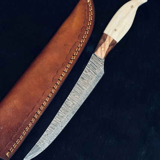 Heritage Forge 12 Inch Fire Damascus Steel Fillet Kitchen Knife with Camel Bone and Wood Handle