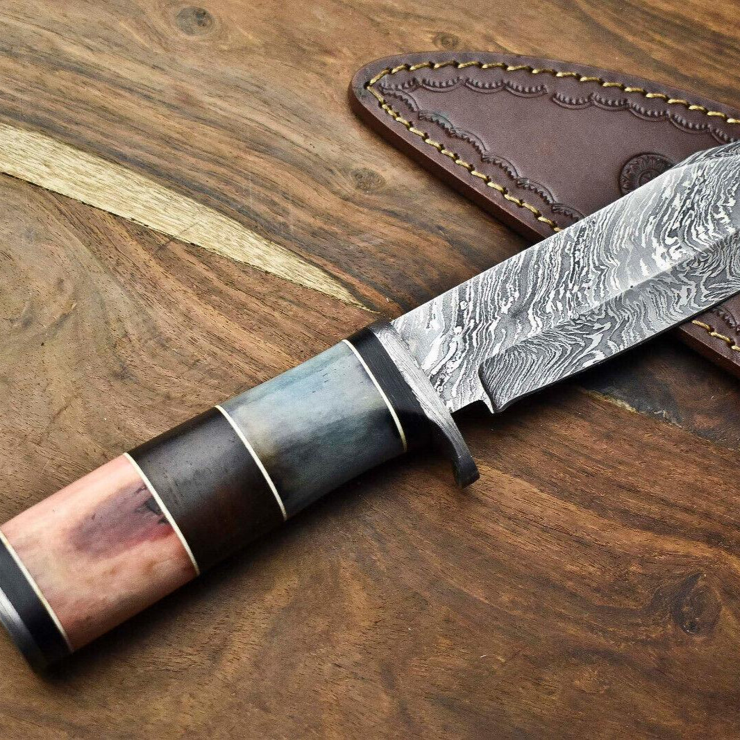 Heritage Forge 12 Inch Handmade Damascus Bowie Knife with Camel Bone Handle