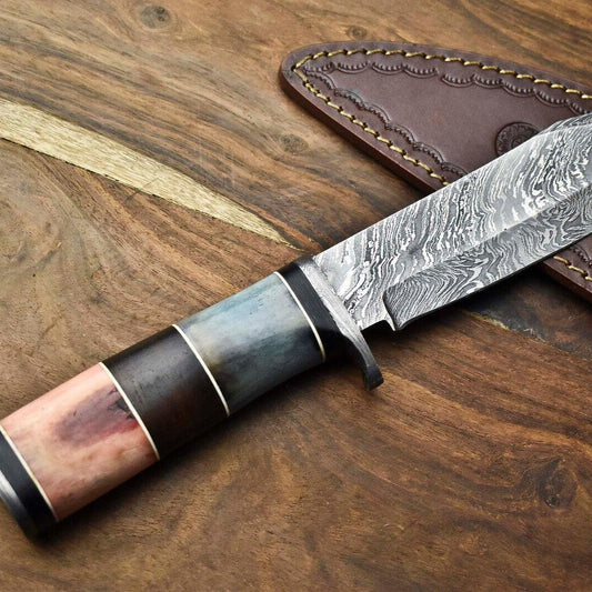 Heritage Forge 12 Inch Handmade Damascus Bowie Knife with Camel Bone Handle
