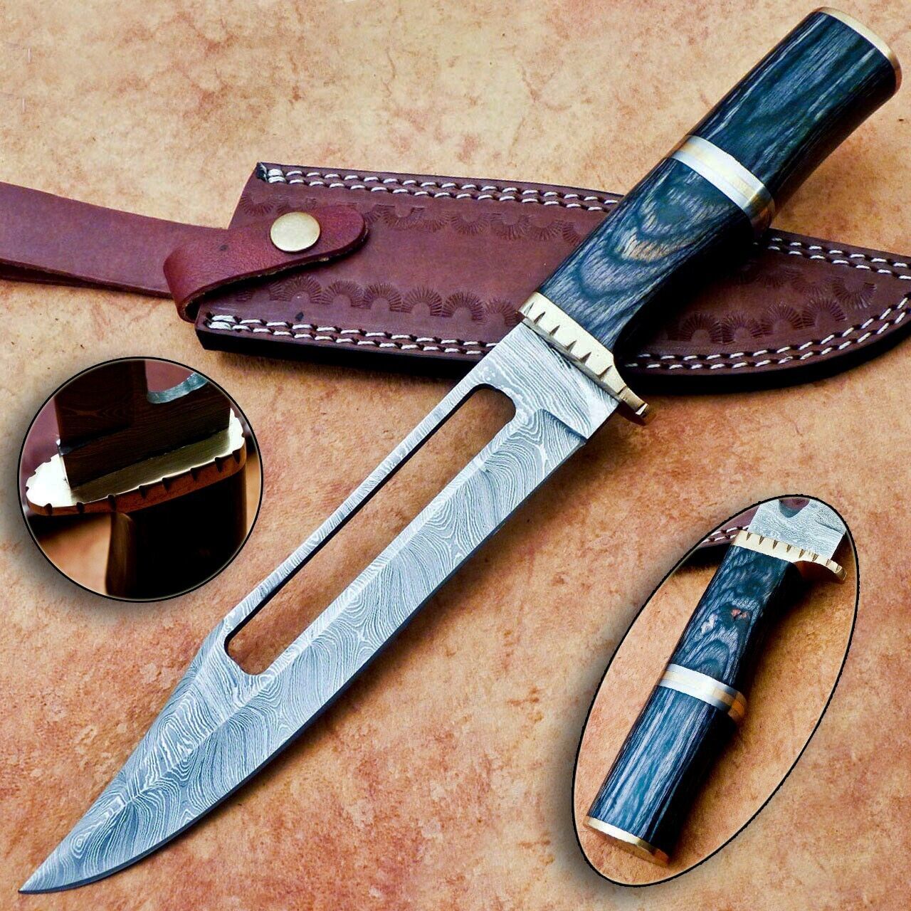Heritage Forge 12 Inch Handmade Damascus Hunting Knife with Hardwood Handle and Brass Bolster