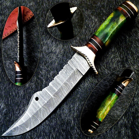 Heritage Forge 12 Inch Handmade Damascus Steel Bowie Hunting Knife with Camel Bone and Hardwood Handle