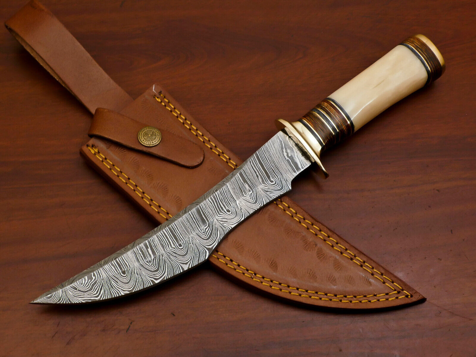 Heritage Forge 12 Inch Handmade Damascus Steel Bowie Knife with Camel Bone and Pakka Wood Handle and Leather Sheath