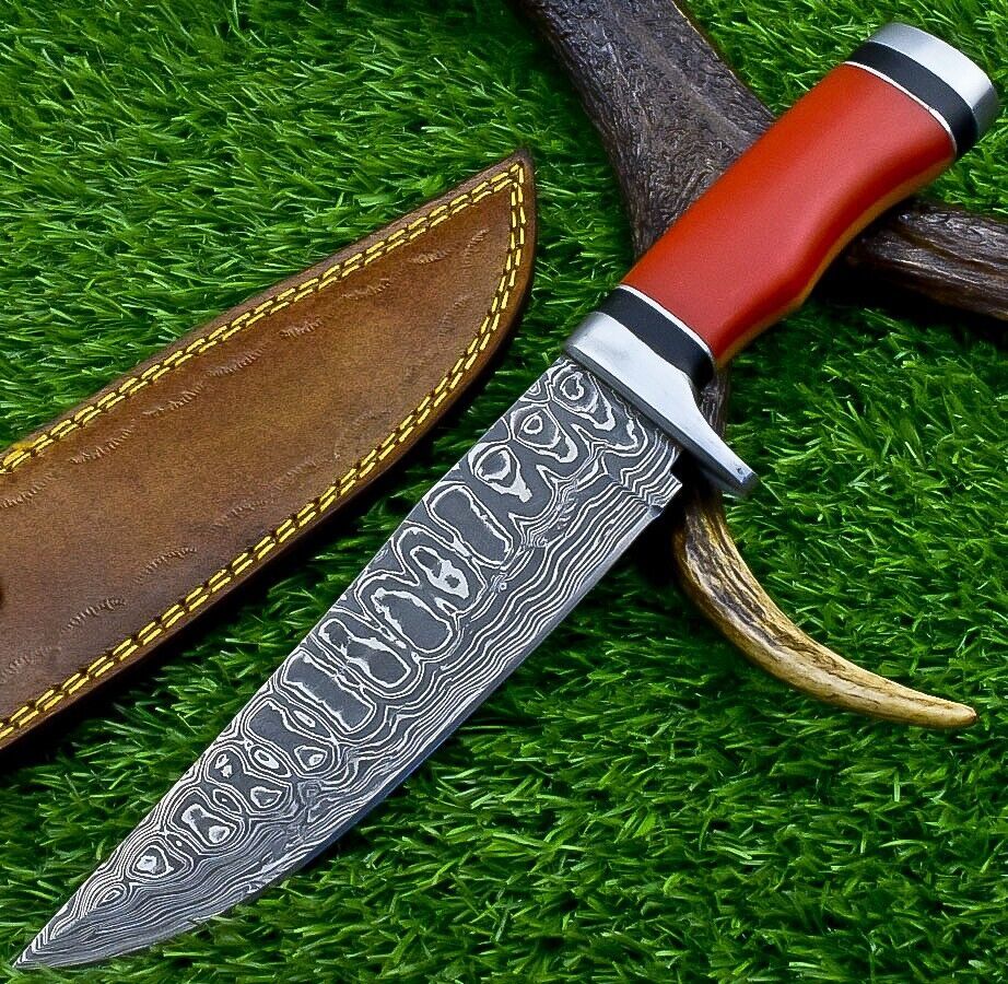 Heritage Forge 12 Inch Handmade Damascus Steel Bowie Knife with Resin Handle and Leather Sheath