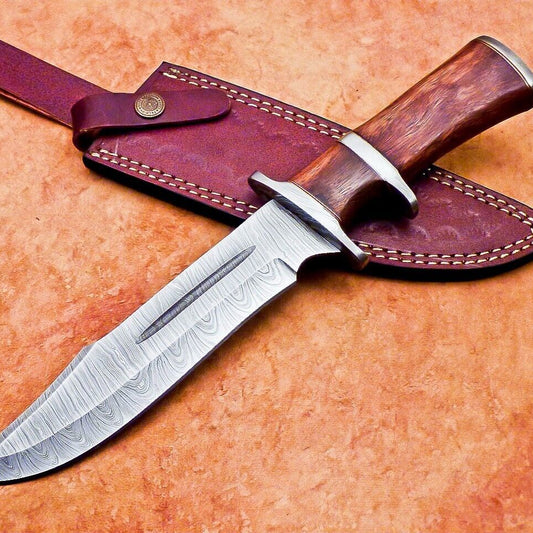 Heritage Forge 12 Inch Handmade Damascus Steel Hunting Bowie Knife with Wood Handle and Sheath
