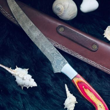 Heritage Forge 12 Inch Twist Damascus Brisket Fillet Knife with Camel Bone and Wood Handle