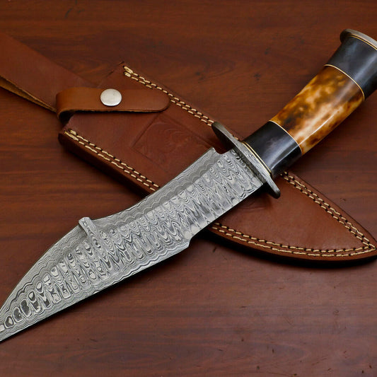 Heritage Forge 13" Custom Damascus Bowie Knife with Stained Camel Bone Handle