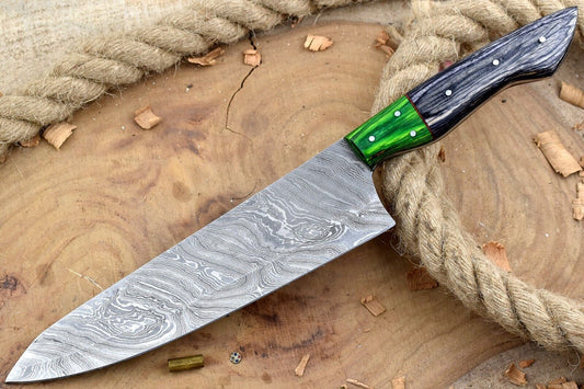 Heritage Forge 13" Custom Handmade Damascus Steel Chef Knife with White & Black Handle