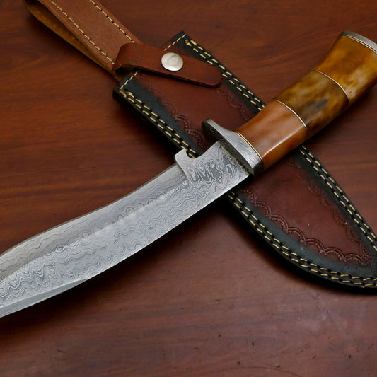 Heritage Forge 13" Damascus Bowie Knife with Stained Camel Bone Handle and Custom Leather Sheath