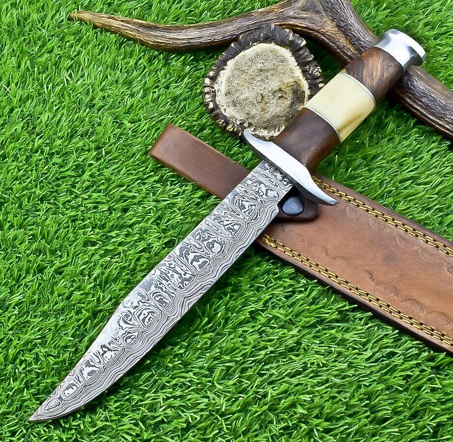 Heritage Forge 13 Inch Damascus Bowie Knife with Camel Bone and Wood Handle