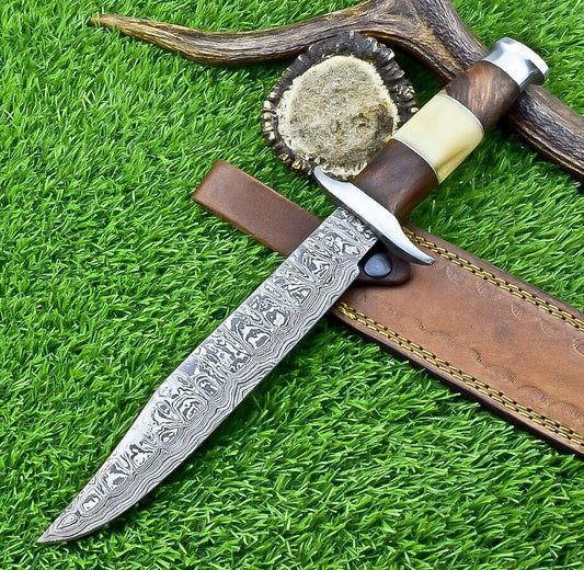 Heritage Forge 13 Inch Damascus Bowie Knife with Camel Bone and Wood Handle