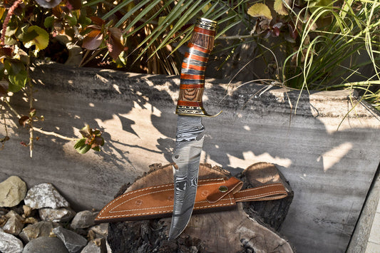 Heritage Forge 13 Inch Damascus Bowie Knife with Hardwood Handle and Brass Guard