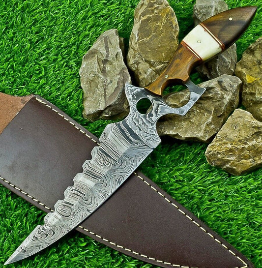Heritage Forge 13 Inch Damascus Steel Bowie Hunting Knife with Camel Bone and Wood Handle