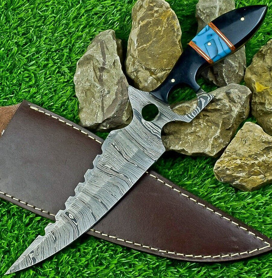Heritage Forge 13 Inch Damascus Steel Bowie Knife with Bull Horn Resin Handle and Leather Sheath