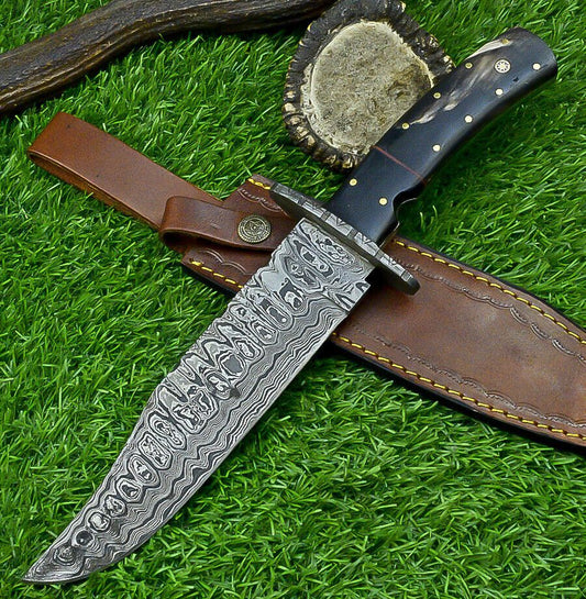 Heritage Forge 13 Inch Damascus Steel Bowie Knife with Genuine Bull Horn Handle & Leather Sheath