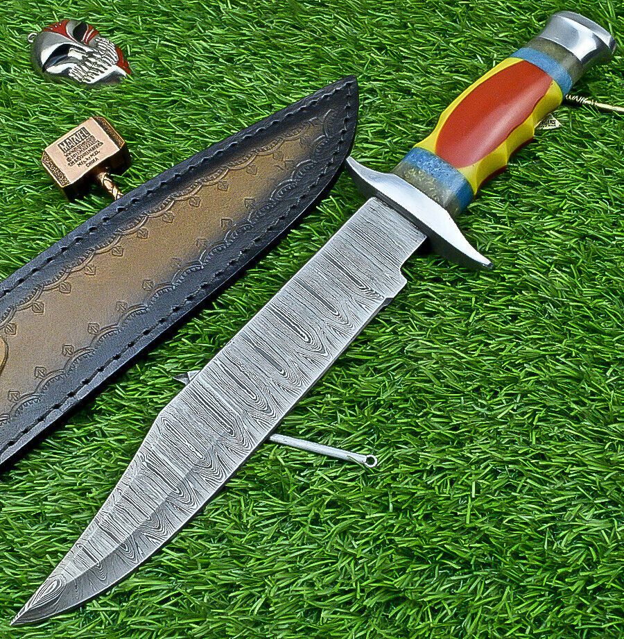 Heritage Forge 13 Inch Damascus Steel Bowie Knife with Resin Handle for Hunting and Camping