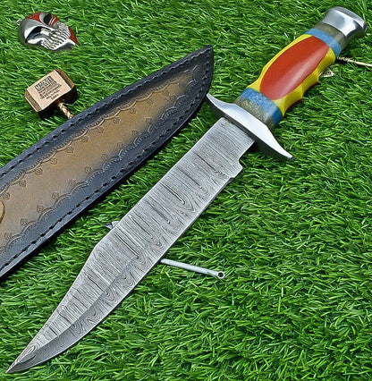 Heritage Forge 13 Inch Damascus Steel Bowie Knife with Resin Handle for Hunting and Camping